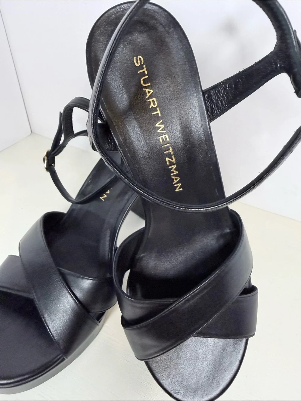 Stuart Weitzman Dayna Black Leather Platform Block Ankle-Strap Sandals 9.5 B